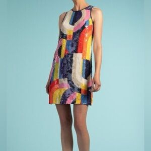 Trina‎ Turk Kaleidoscope Vibrant Sequin Colorblock Sleeveless Shift Retro Disco